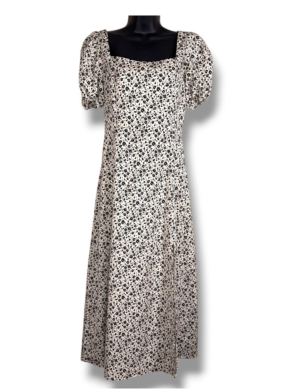 Small Altar’d State White Black Floral Dress Midi Peasant Smocked Slit Accent